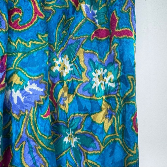 Vintage Silk Floral Midi Skirt Teal Botanical Boho Elastic Waist 14 - Picture 2 of 4
